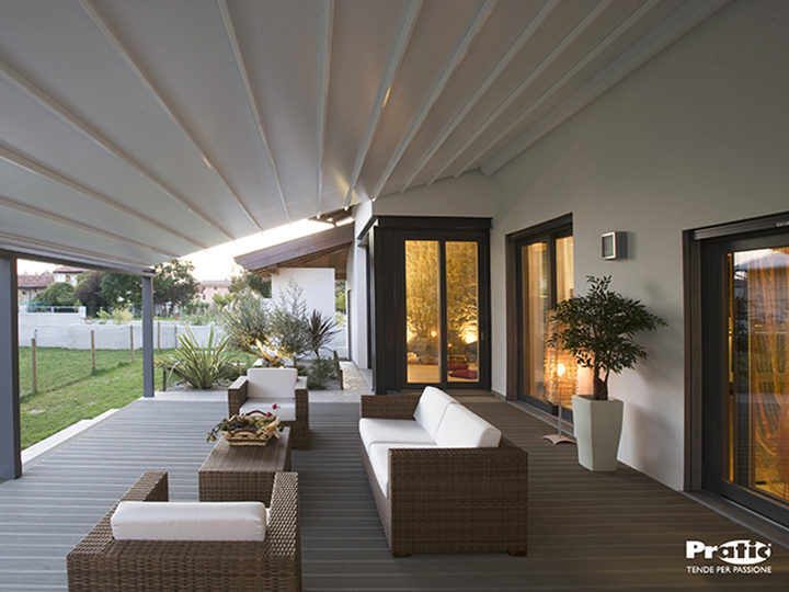 A patio covered by a pergola awning